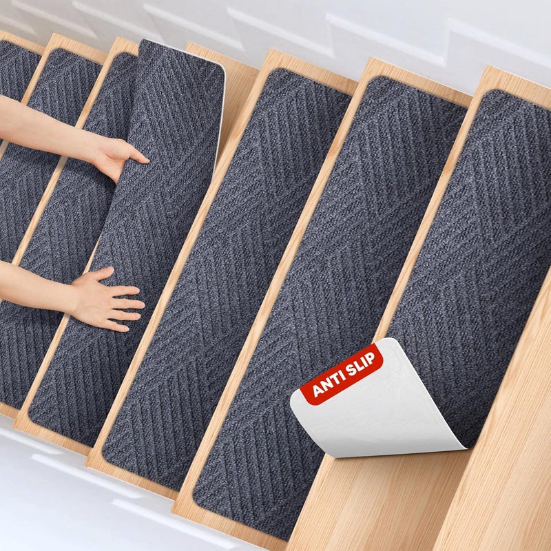 MBIGM 8 X 30inches, 15 in Pack, Non-Slip Carpet Stair Treads Non-Skid Safety Rug Slip Resistant Indoor Runner for Kids Elders and Pets with Reusable Adhesive, Dark Gray Weave - Image 1